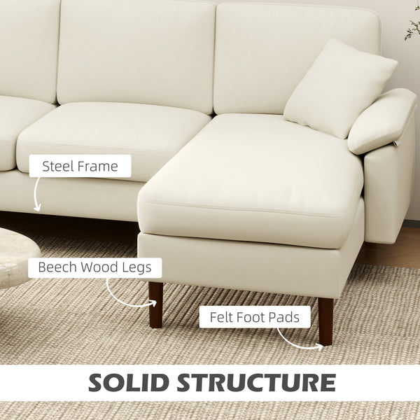 Modern L-shaped sectional sofa with removable chaise, cushions and wooden legs for living room, cream white