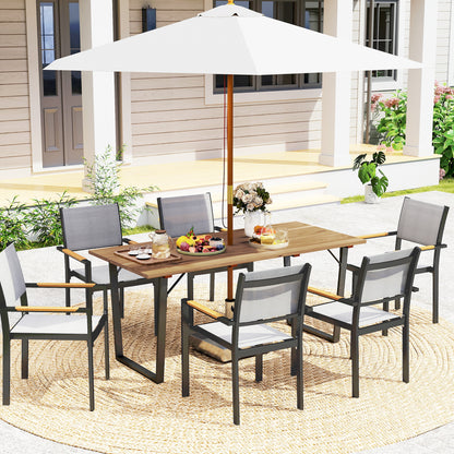 Table à manger d'extérieur en bois pour 6 personnes avec trou pour parasol, plateau à lattes, structure en métal