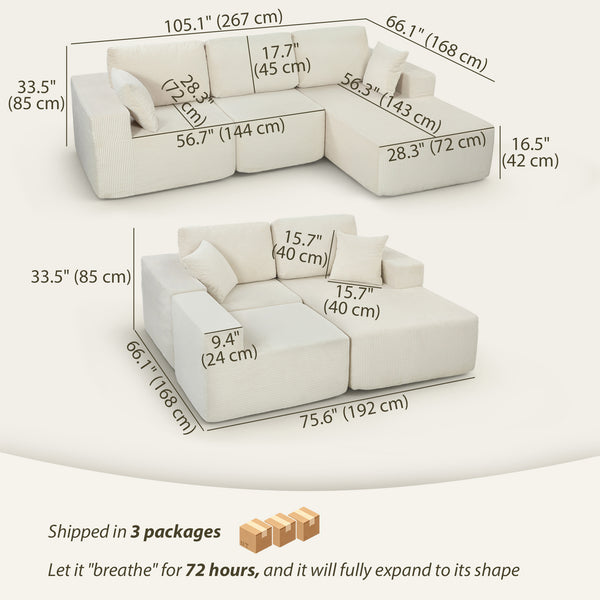 2-in-1 Modular Sectional Sofa, Boneless L Shaped Couch Sofa Bed, Cream White