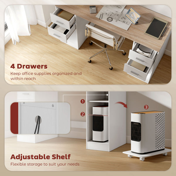 Desk with 4 reversible drawers and mobile PC stand, white