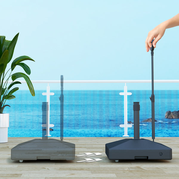 Pied de parasol carré en plastique avec roulettes réglables et poignée, noir