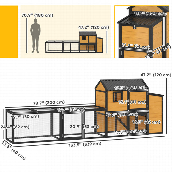 Large wooden chicken coop with run, nesting box, pull-out tray, waterproof roof, and access ramp.