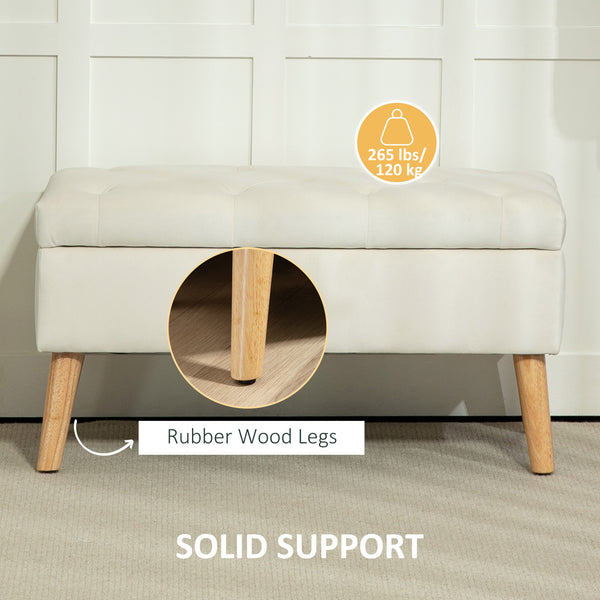 Pouf de rangement avec couvercle rembourré en velours et pieds en bois, blanc crème