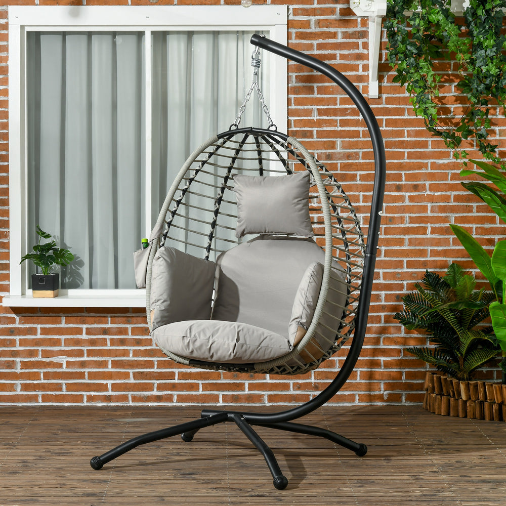 Outdoor Hanging Egg Chair with Thick Padded Cushion, Patio Swing Chair, Grey