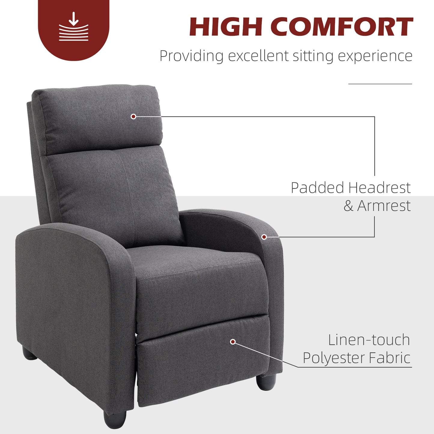 Fauteuil inclinable manuel en tissu respirant pour cinéma maison avec assise rembourrée, gris foncé
