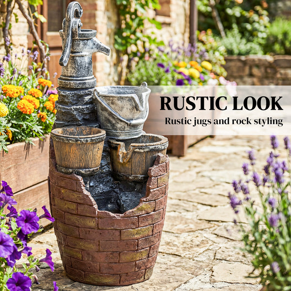 Fontaine d'extérieur à 4 niveaux avec jardinière, cascade et éclairage LED, coloris brun rustique et gris.