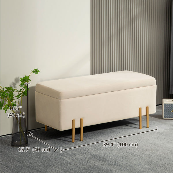 Banc ottoman de rangement rabattable avec pieds en métal, beige