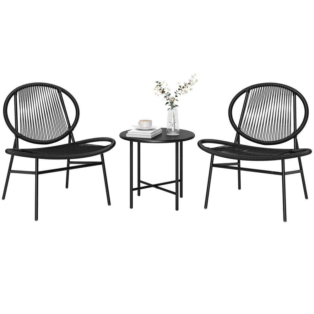 Ensemble de 3 meubles de jardin en osier noir avec table en acier, idéal pour porche et balcon

