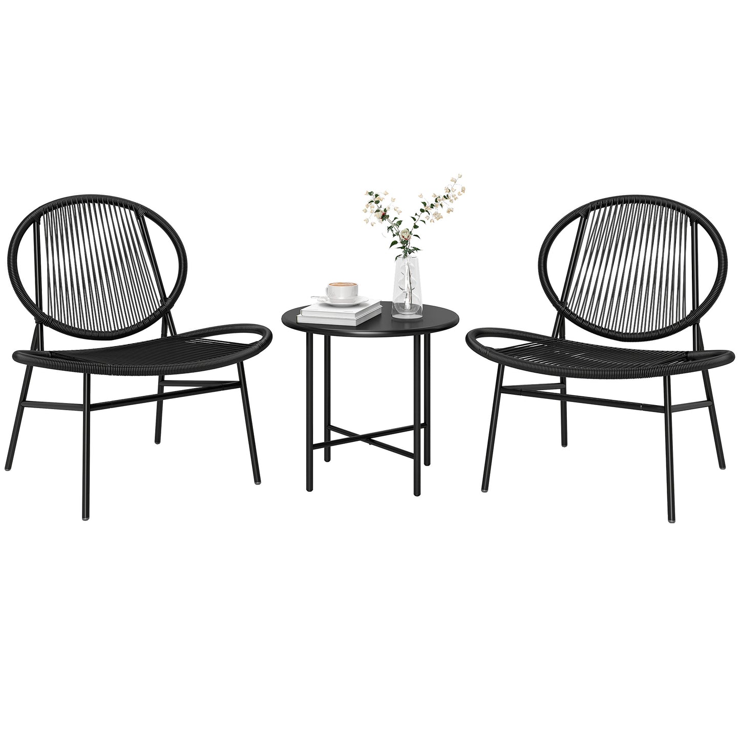 Ensemble bistrot Outsunny en rotin, ensemble de 3 meubles de jardin en osier, chaises Acapulco et table en acier pour porche et balcon, noir