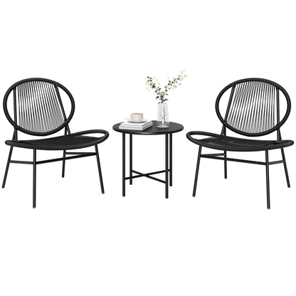 Ensemble bistrot Outsunny en rotin, ensemble de 3 meubles de jardin en osier, chaises Acapulco et table en acier pour porche et balcon, noir