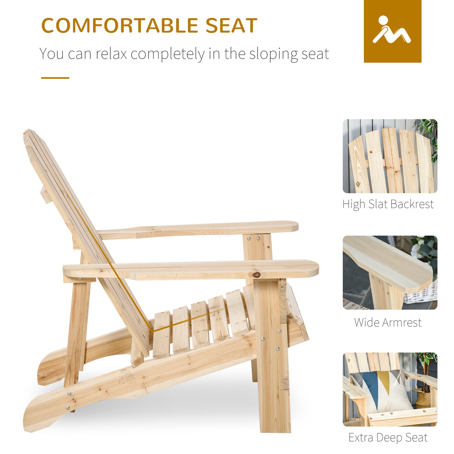 Chaise Adirondack en bois , chaise d'extérieur Muskoka à lattes, couleur naturelle