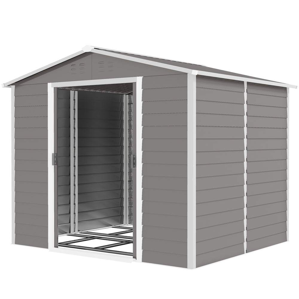 Abri de jardin 8' x 7', en métal galvanisé amélioré avec portes verrouillables, cadre de plancher, gris clair