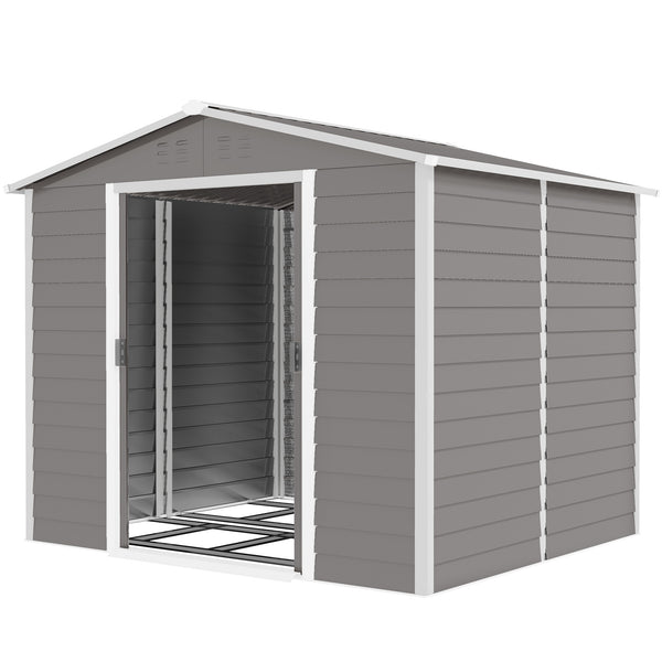 Abri de jardin 8' x 7', en métal galvanisé amélioré avec portes verrouillables, cadre de plancher, gris clair