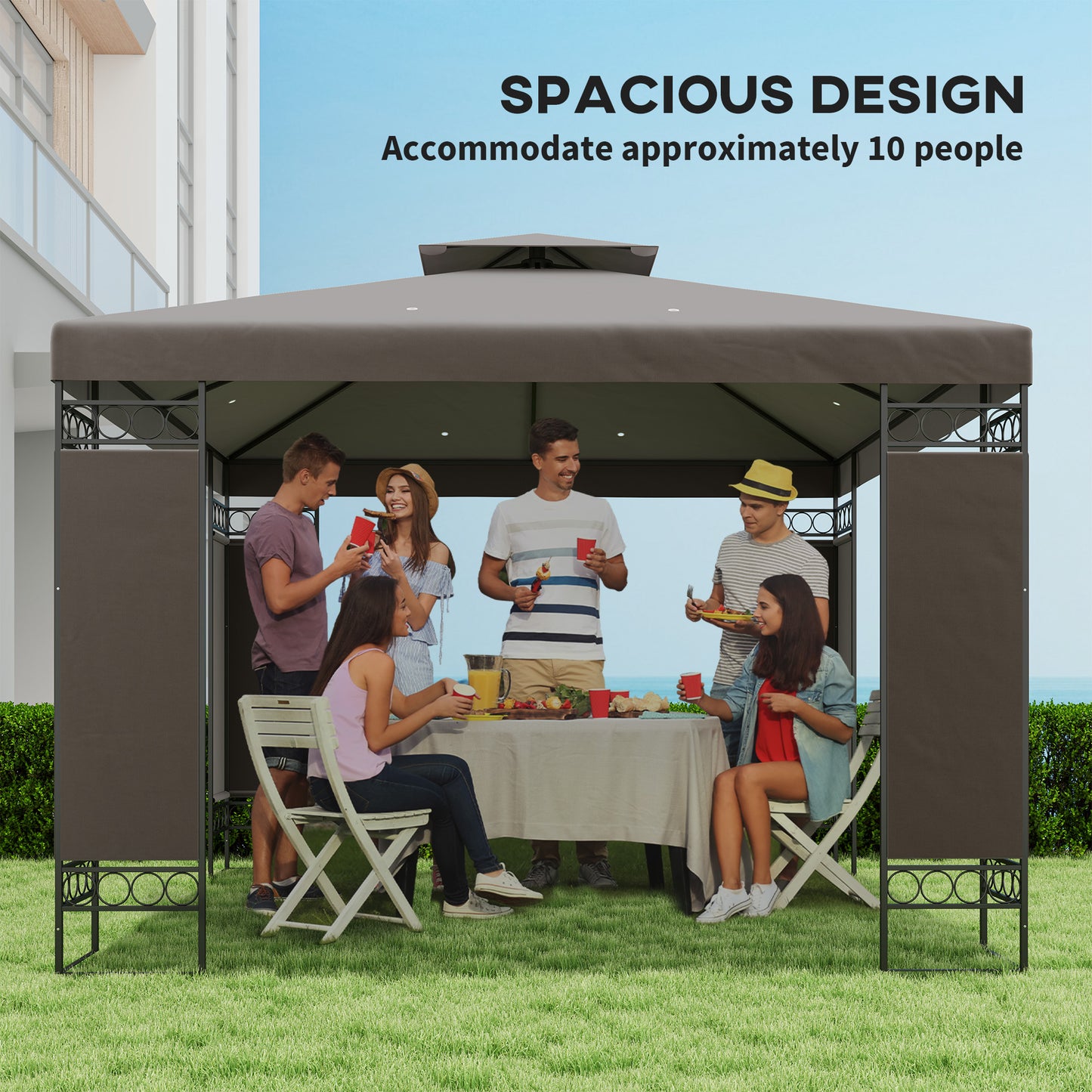 Outsunny 10 x 10 ft Gazebo, Double Roof Gazebo with Screen Panels and Metal Frame for Patio, Backyard, Khaki