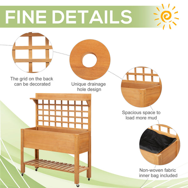 Jardinière surélevée en bois avec étagère et roulettes