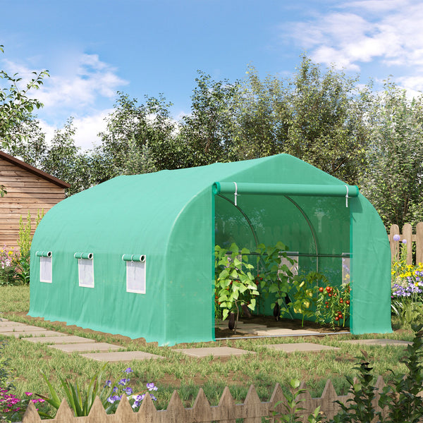 Serre tunnel de jardin avec porte enroulable et 6 fenêtres grillagées, structure en acier, verte