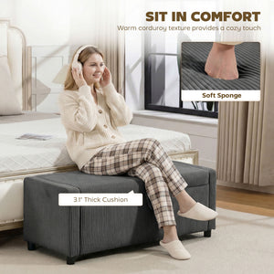 Dark gray corduroy tufted storage ottoman with thick padding, bedroom storage bench