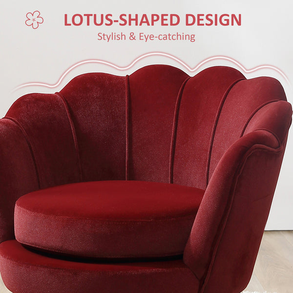 Fauteuil d'appoint lotus en tissu velours avec pieds en métal doré, bordeaux