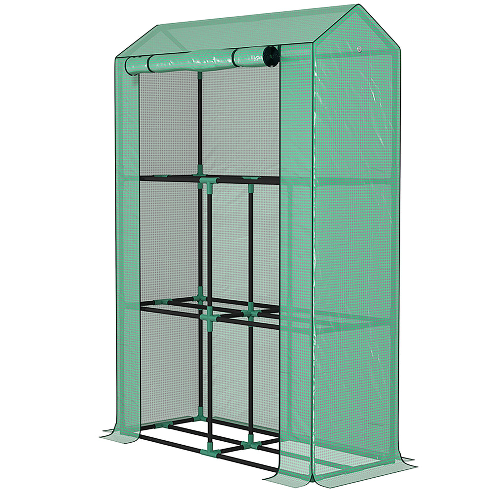 Mini greenhouse with 3 tiered shelves and 3 roll-up doors