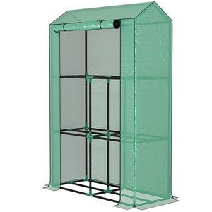 Mini greenhouse with 3 tiered shelves and 3 roll-up doors