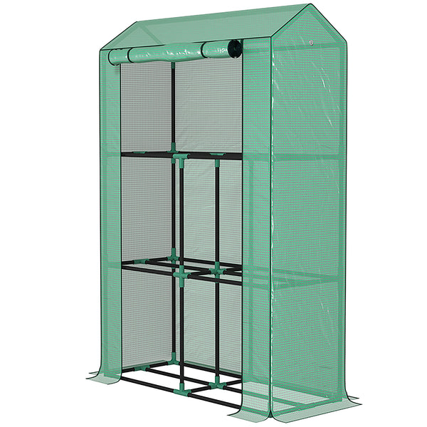 Mini greenhouse with 3 tiered shelves and 3 roll-up doors