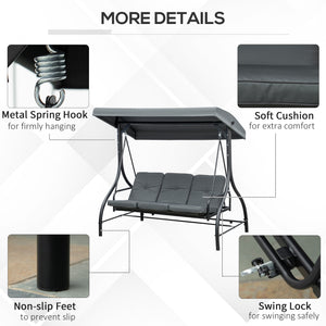 Balancelle convertible avec auvent et coussins 3 places, gris foncé