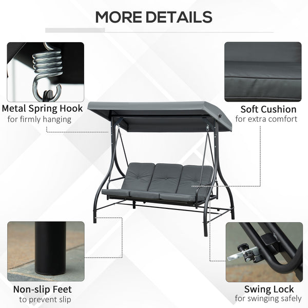 Balancelle convertible avec auvent et coussins 3 places, gris foncé