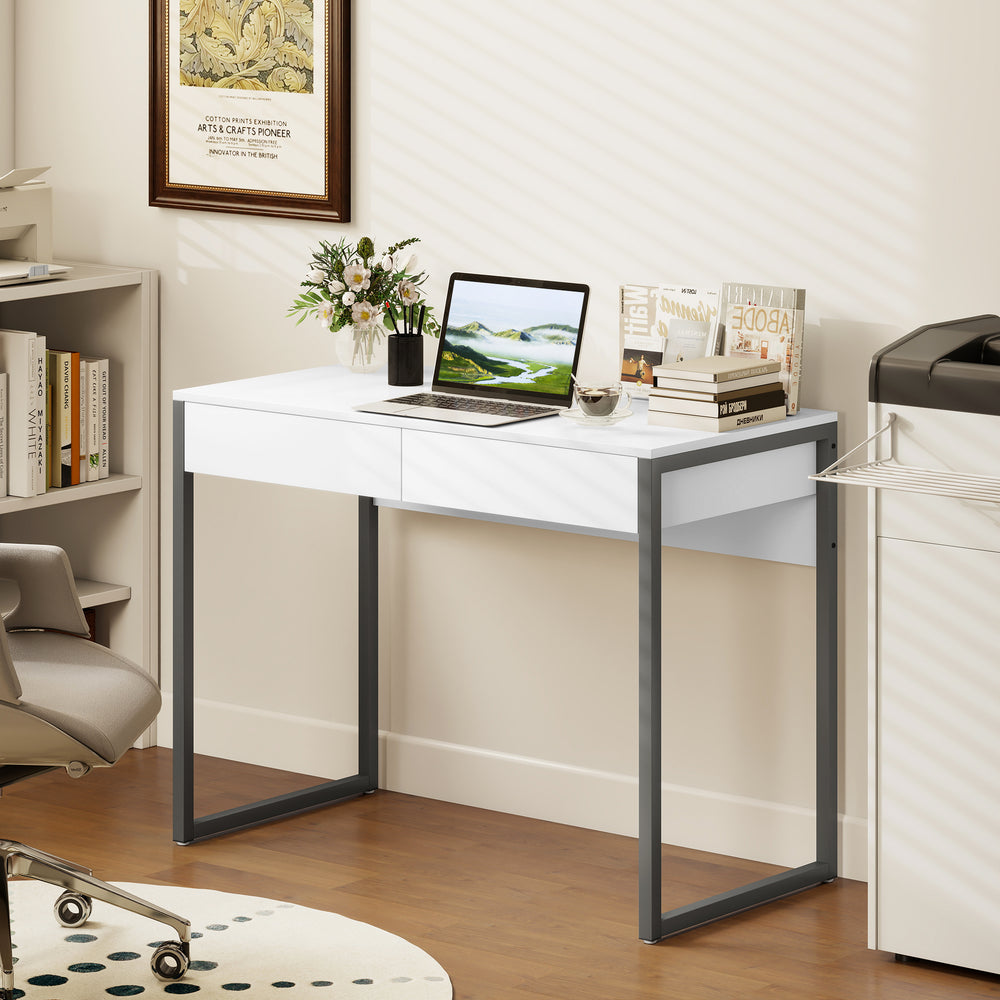 Bureau d'ordinateur brillant avec 2 tiroirs, pour petits espaces, blanc et gris