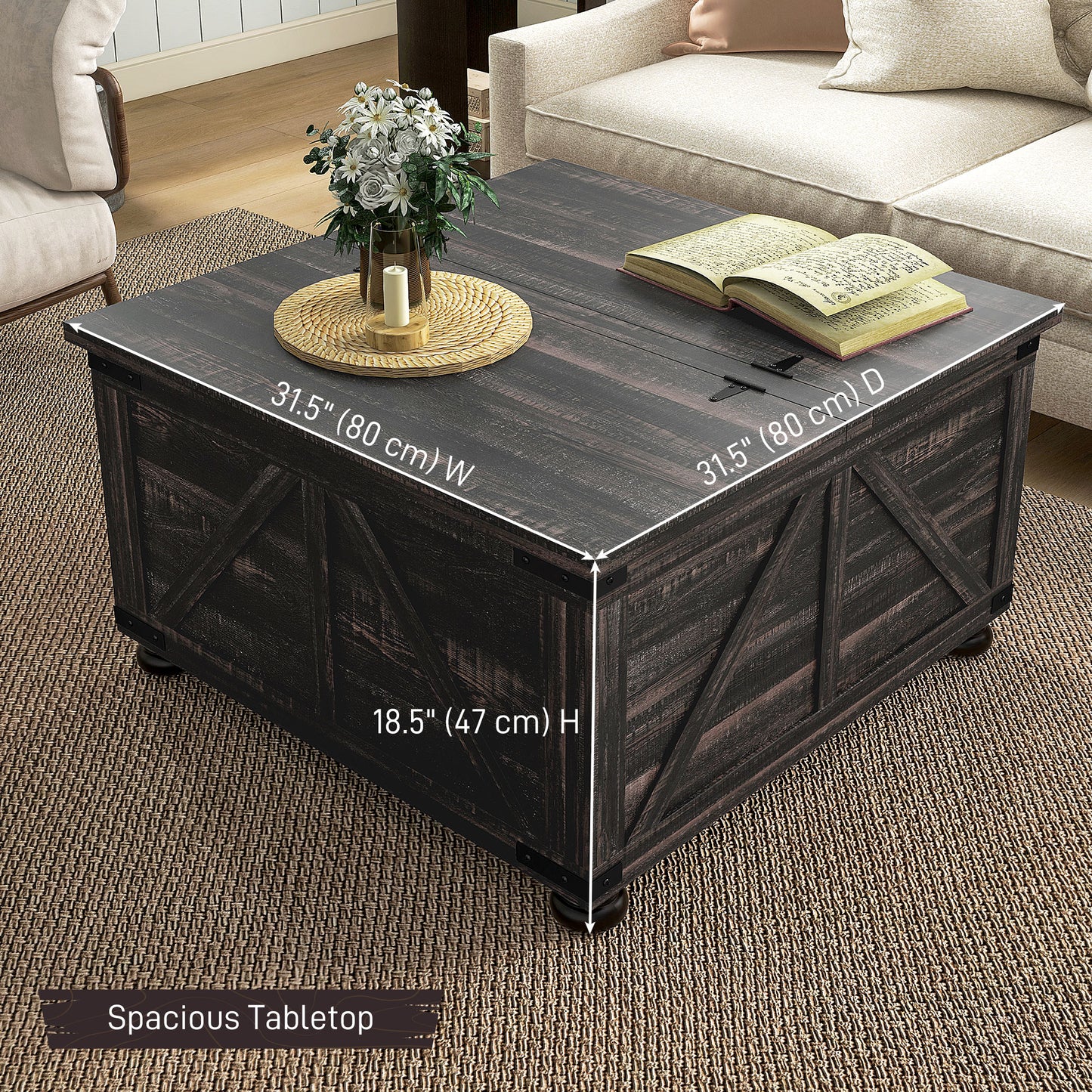 Table basse de style ferme avec couvercles rabattables, compartiment de rangement dissimulé et pieds en bois, marron vieilli