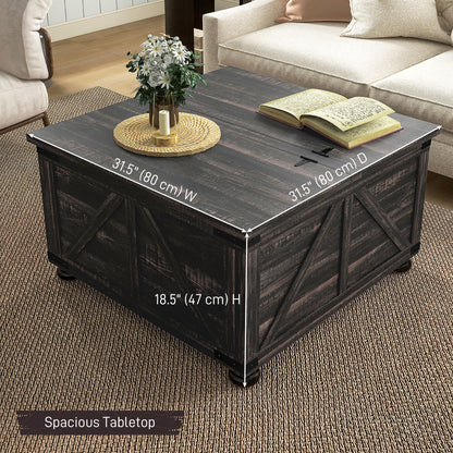 Table basse de style ferme avec couvercles rabattables, compartiment de rangement dissimulé et pieds en bois, marron vieilli