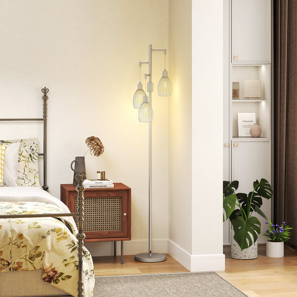 Lampadaire industriel avec 3 abat-jour suspendus, argent