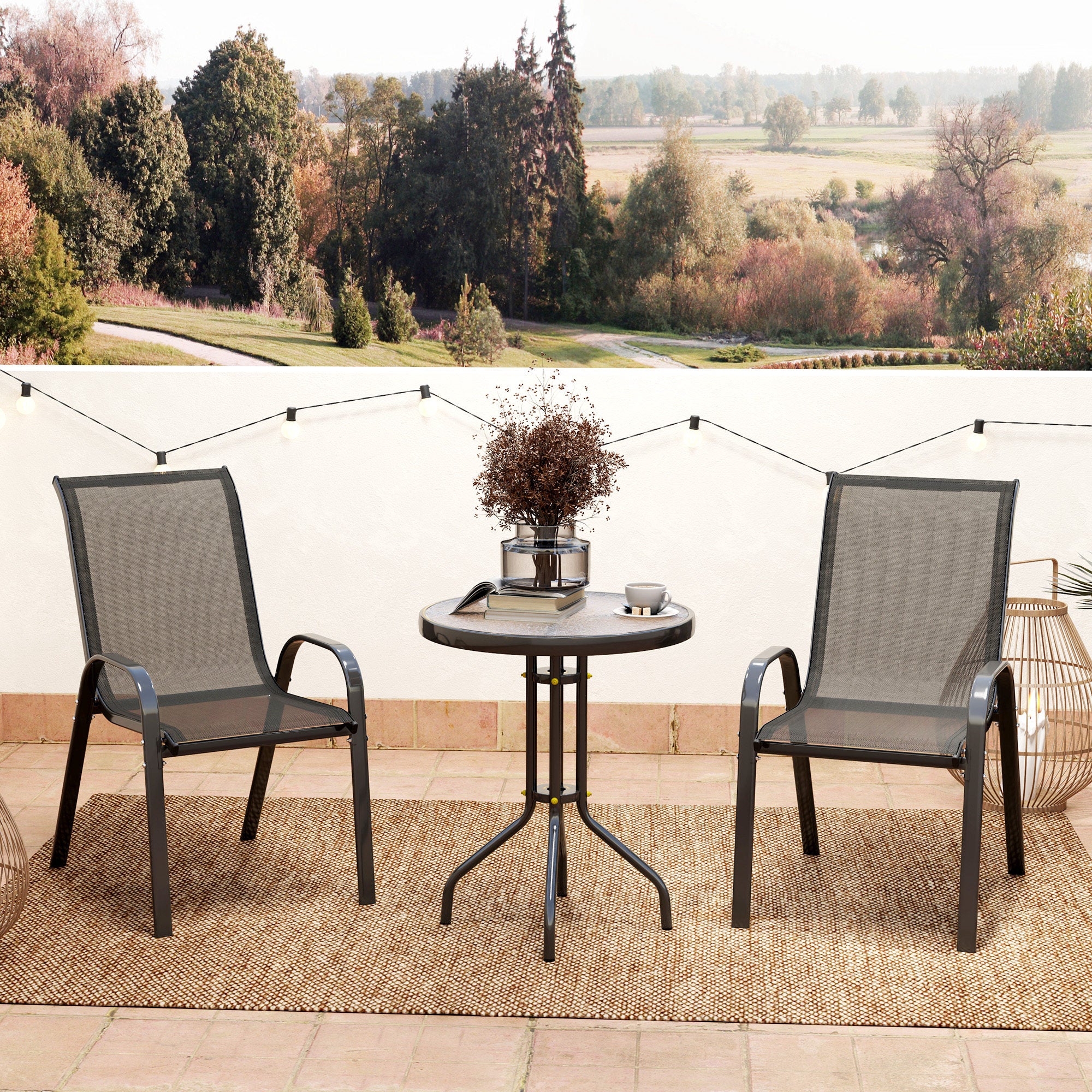 3-piece bistro set with stackable mesh chairs, glass table, black