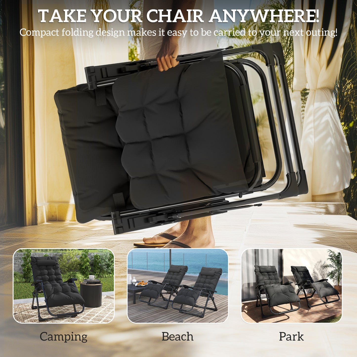 Outsunny Set of 2 Folding Garden Chairs, Zero Gravity Reclining, Sun Lounger with Cushion and Headrest, Black