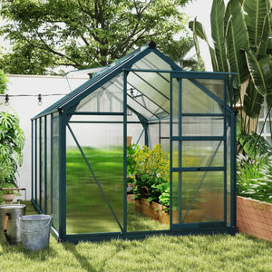 Green polycarbonate greenhouse with gutter, vents and sliding door
