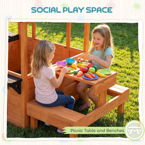 Maisonnette en bois pour enfants de 3 à 8 ans, avec table, bancs, évier, fenêtres et supports pour pots de fleurs, couleur marron.