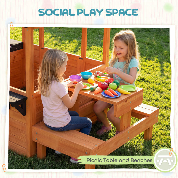 Maisonnette en bois pour enfants de 3 à 8 ans, avec table, bancs, évier, fenêtres et supports pour pots de fleurs, couleur marron.