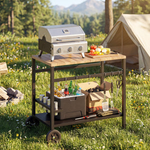2-Tier Outdoor BBQ Cart, Grill Stand with Drink Holder, Hooks, and Wheels, Black and Brown