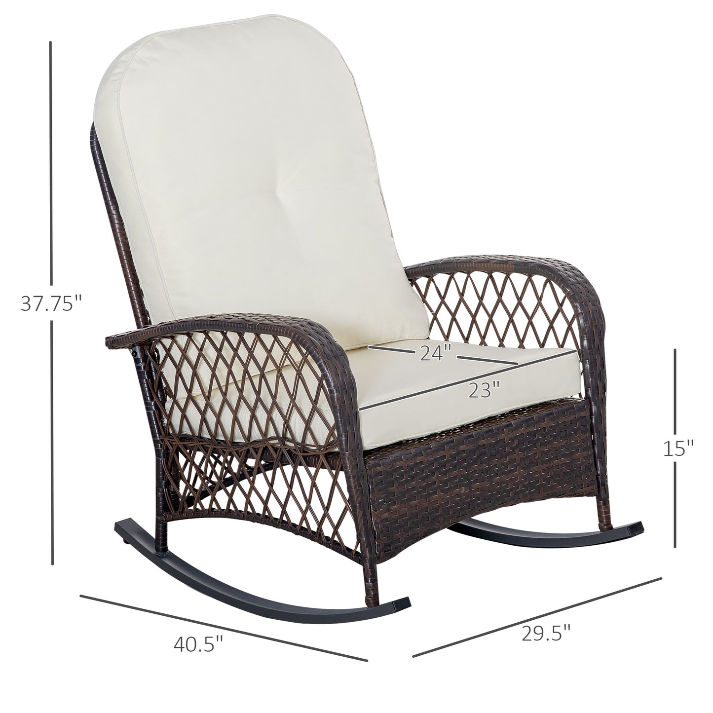 Fauteuil à bascule en rotin et osier avec coussins épais, blanc crème