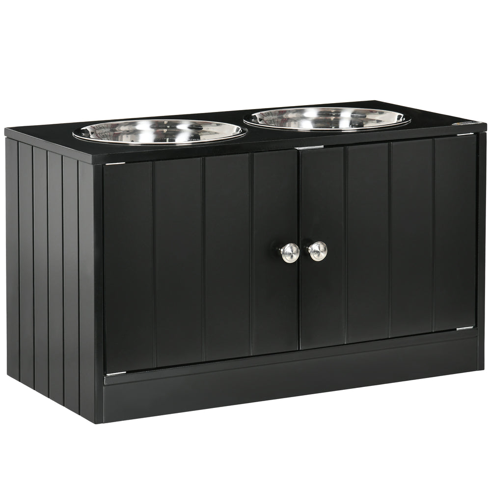 PawHut Raised Dog Bowls for Large Dogs, with Stand, Storage, 2 Stainless Steel Bowls, Black, 60 x 30 x 35 cm