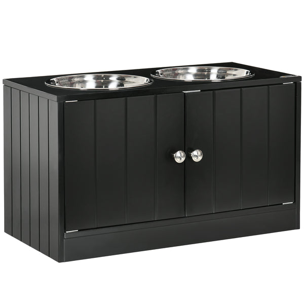 PawHut Raised Dog Bowls for Large Dogs, with Stand, Storage, 2 Stainless Steel Bowls, Black, 60 x 30 x 35 cm