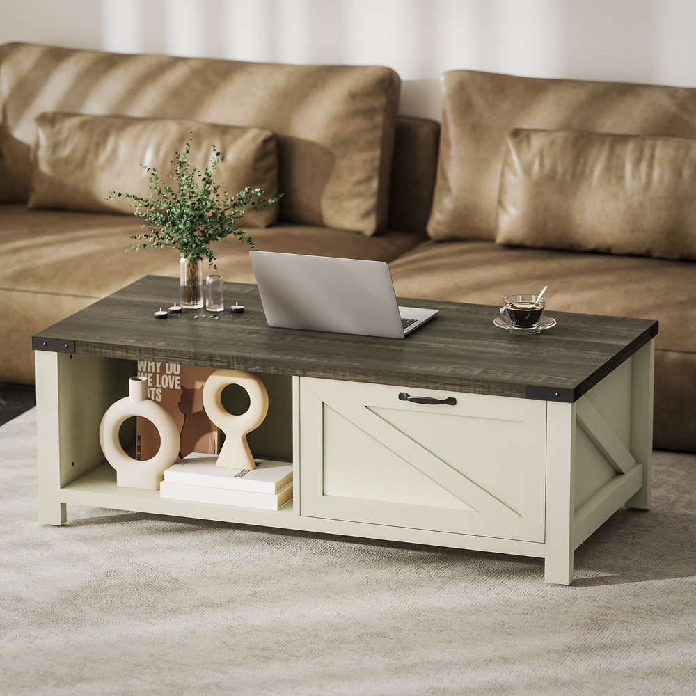 Table basse Farmhouse avec tiroir et étagère ouverte, blanc vieilli