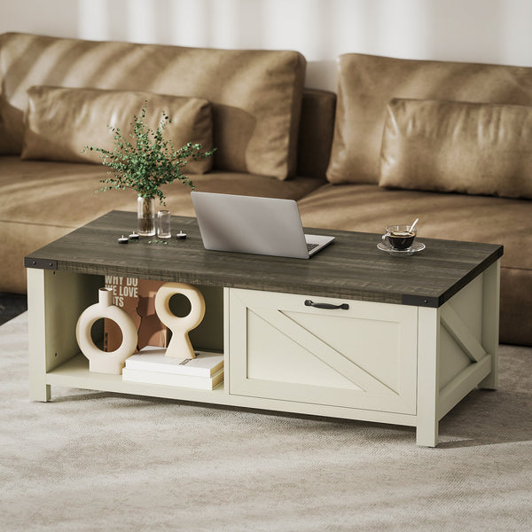 Table basse Farmhouse avec tiroir et étagère ouverte, blanc vieilli
