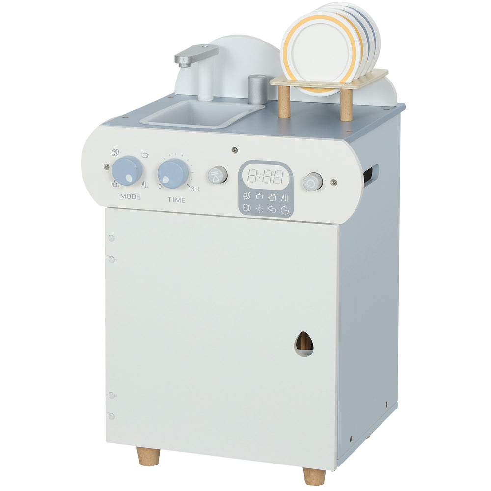 Lave-vaisselle en bois, évier avec robinet, boutons rotatifs et accessoires