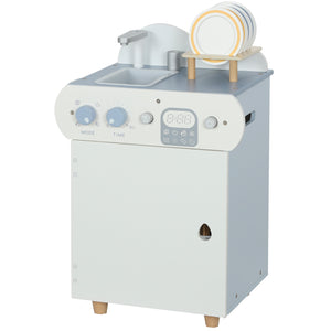 Lave-vaisselle en bois, évier avec robinet, boutons rotatifs et accessoires