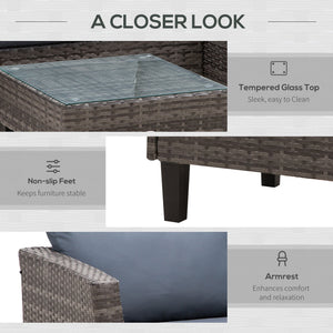 Ensemble de mobilier 3 pièces en résine tressée, table avec plateau en verre, gris