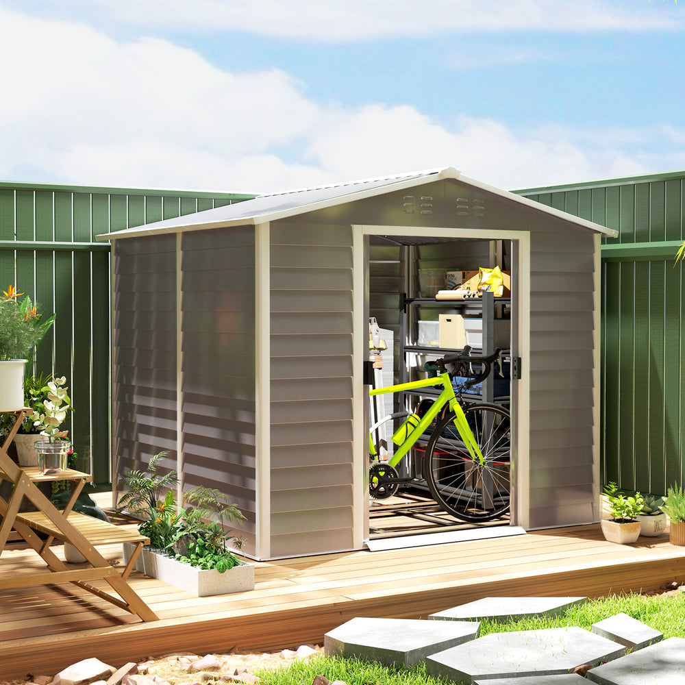 Abri de jardin 8' x 7', en métal galvanisé amélioré avec portes verrouillables, cadre de plancher, gris clair