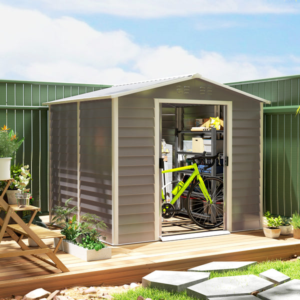 Abri de jardin 8' x 7', en métal galvanisé amélioré avec portes verrouillables, cadre de plancher, gris clair
