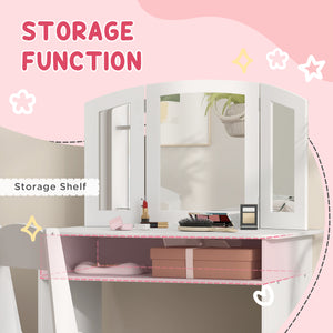 Coiffeuse 2 en 1 avec miroir pliable en trois parties, tabouret et étagère de rangement, blanche