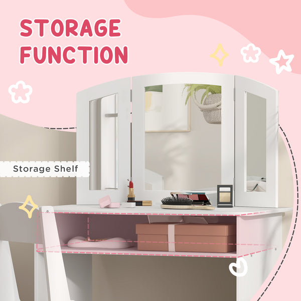 Coiffeuse 2 en 1 avec miroir pliable en trois parties, tabouret et étagère de rangement, blanche