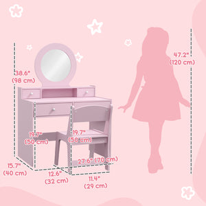 Coiffeuse avec miroir, tabouret et tiroirs de rangement, rose